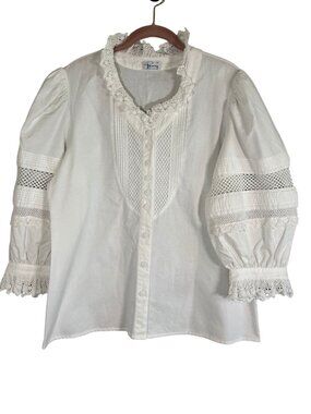 Vintage Victorian Crochet Lace Shirt M Folk Peasant Eyelet Pintuck Romantic Chic
